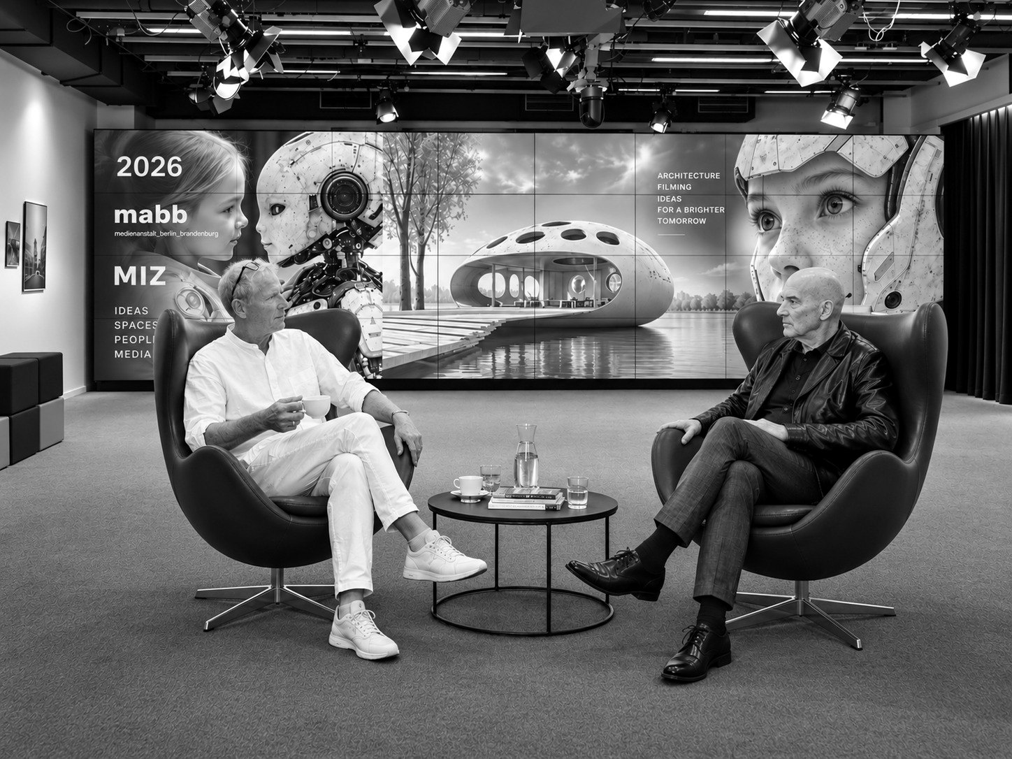 Moderator und Gast im Gespraech vor der Bildwand